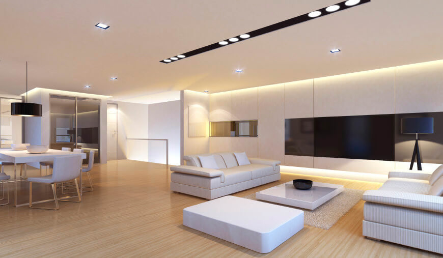 دکوراسیون مینیمال خانه ای که برای تامین نورپردازی محیطی آن از چراغ های سقفی توکار استفاده شده است